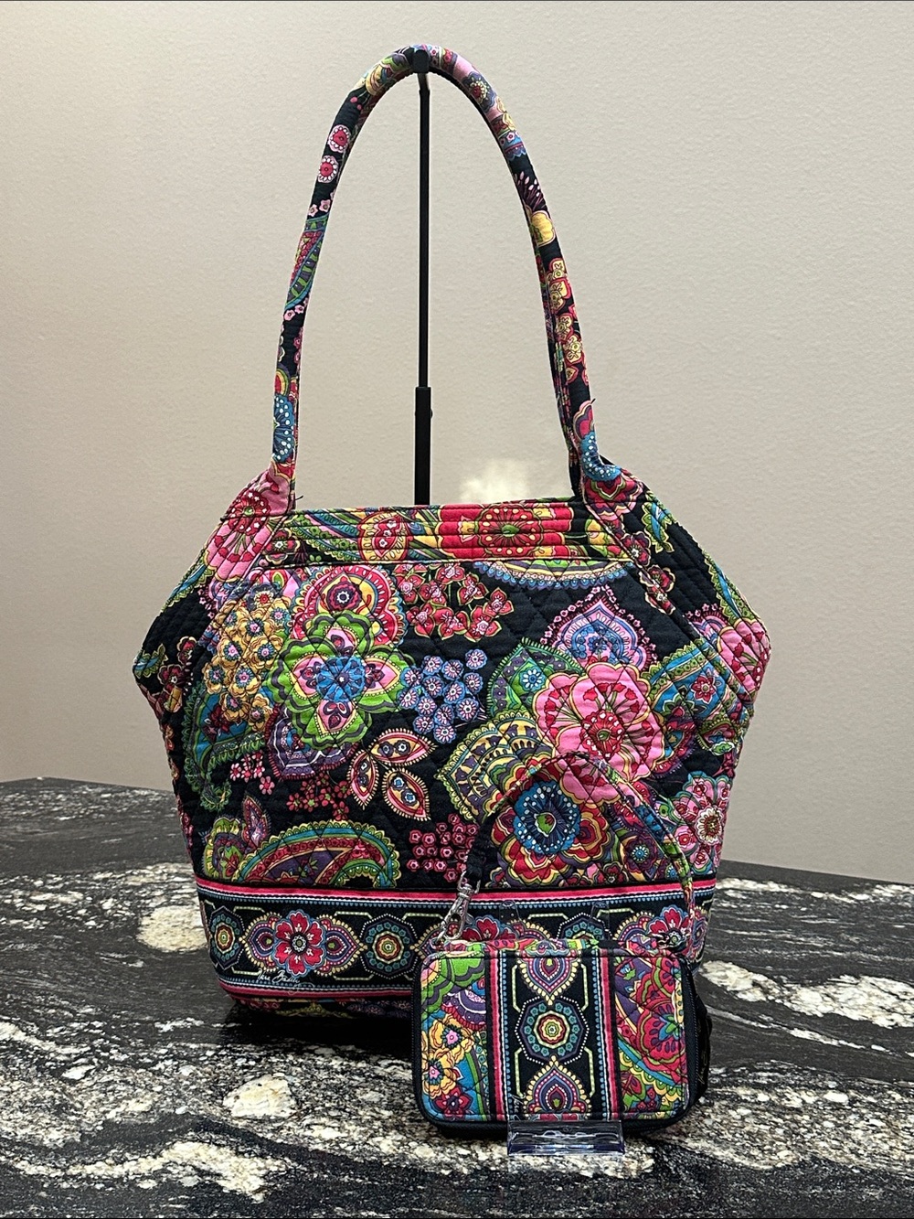 Vera Bradley Black Multicolor Floral Quilted Tote with Matching Wallet